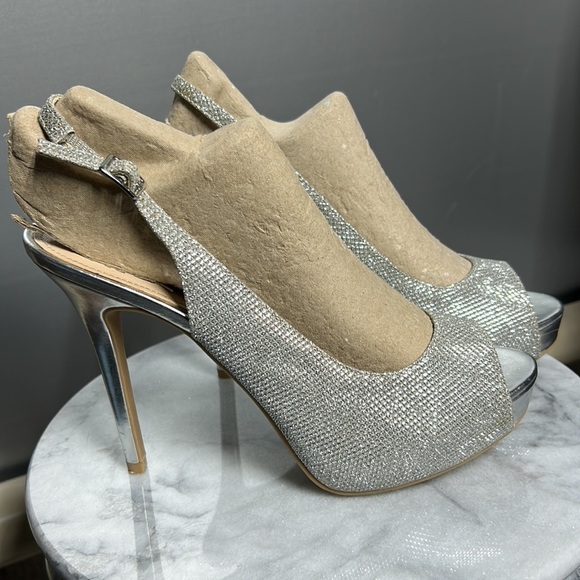 New Year’s Eve stilettos silver glam heels peek toe sexy Fioni sling backs - Picture 3 of 11